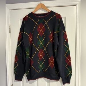 Vintage Tommy Hilfiger Men's Navy Argyle Crewneck Knitted Sweater L